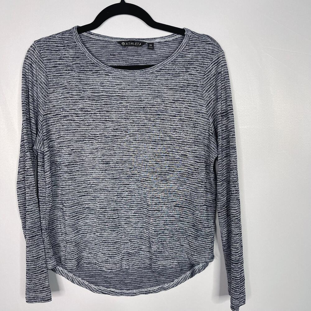 Athleta XSmall XS Navy Blue Striped Breezy Open Back Long Sleeve Tee Modal Blend